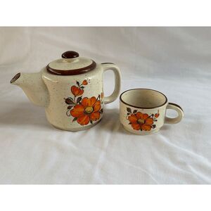 1970's Tea Kettle w/ Cup, Orange Flower, Decorative, Cute, Made in Japan